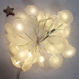 Detailed view of warm white LED shell string lights with translucent textures and silver wire