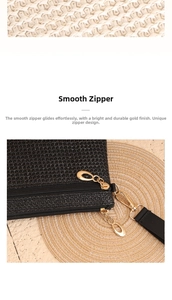 Detail eines glatten goldenen Reißverschlusses und Flechtstruktur einer Stroh-Clutch