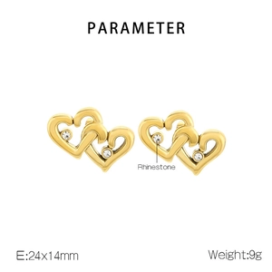 Detail view of gold heart stud earrings with rhinestones and product dimensions