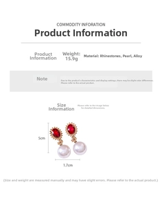 Detail view of oval red rhinestone earrings with white pearls and size measurements