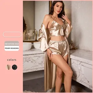 Pyjama Femme Imitation Satin Peignoir Caraco Et Short Satin Loungewear Élégant Col En V Vêtements De Nuit