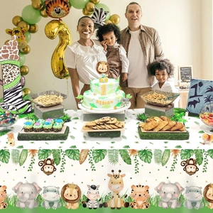 Jungle safari animal tablecloth for kids birthday party with lion and giraffe prints