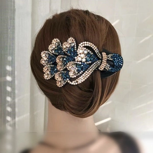 Large hair clip with blue and champagne rhinestones on a professional bun hairstyle