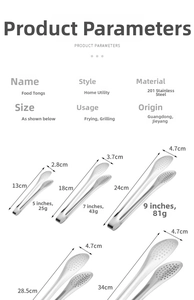 Size guide for stainless steel food tongs showing various lengths for BBQ and kitchen use