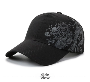 Detail of black breathable mesh baseball cap featuring a fine grey dragon embroidery