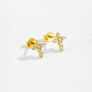 S925 sterling silver cross stud earrings for women with white zircon in gold finish