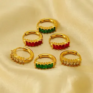 Boucles D Oreilles Créoles Vintage Zircon Baguette Acier Inoxydable Plaqué Or 18K Bijoux Géométriques Pour Femmes