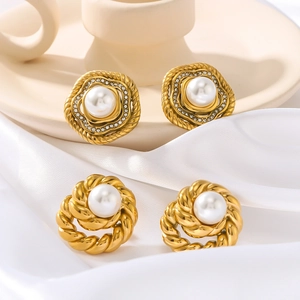 Vintage Stainless Steel Stud Earrings With 18K Gold Plating Artificial Pearl And Zircon Geometric Jewelry For Women