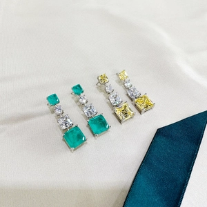925 silver drop earrings with 10mm square green synthetic emerald and yellow gemstones