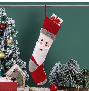 Detail of knitted Santa Claus Christmas stocking with 3D beard and plush grey trim
