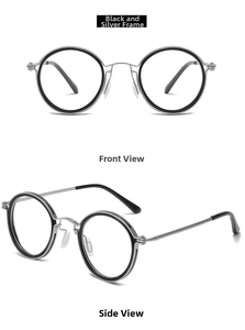 Close-up of retro round black and silver metal frames from front and side angles