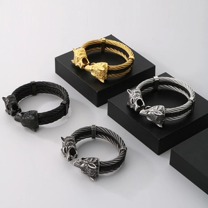 Double Wolf Head Open Cuff Bracelet Stainless Steel Cowhide Leather Braided Wire Viking Punk Bangle For Men Retro