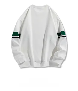 Rear view of white crewneck sweatshirt featuring green and black striped sleeve details