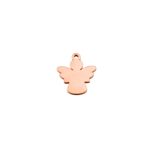 Macro shot of rose gold angel-shaped metal charm with polished finish on white background