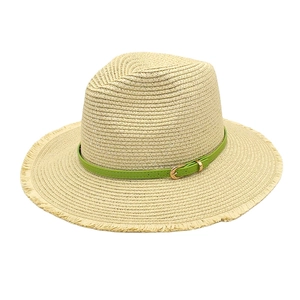 Chapeau Fedora En Paille Large Bord Protection Solaire Été Plage Panama Style Jazz Respirant Bord Effiloché Ceinture Verte