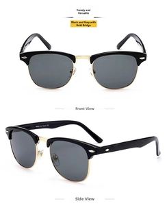 Detail of semi-rimless sunglasses with gold bridge, black frame and grey polarized lenses
