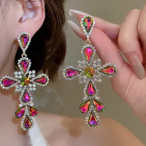Baroque cross pendant earrings with colorful aurora crystals and sparkling rhinestones
