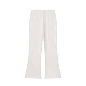 Women's chic high-waisted white flared trousers with elegant drape and slim fit cut