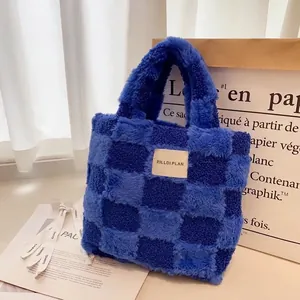Checkerboard Plush Handbag Faux Fur Sherpa Soft Top Handle Tote Bag Autumn Winter Street Fashion For Women