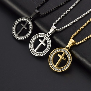 Hollow cross circle pendants in black, silver, and gold with zircon inlay on leather