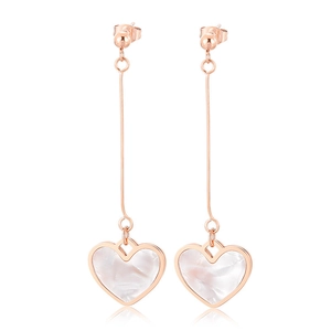 Minimalist gold titanium steel long drop earrings featuring shell inlay heart pendants
