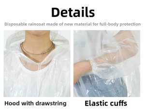 Detail of disposable raincoat featuring drawstring hood and elastic cuffs for protection