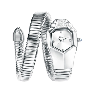 Detailed view of silver snake watch with diamond bezel and blue gemstone crown