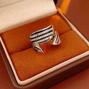 Macro shot of silver zircon ring with black enamel lines in a luxury jewelry box