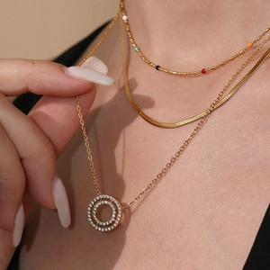 18k gold plated double ring necklace set with sparkling diamonds and colorful beads