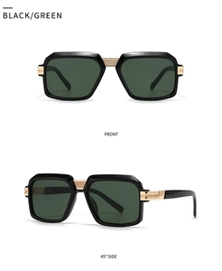Front and side view of men's thick rectangle sunglasses with gold diamond hinges