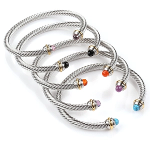 Stainless Steel Twisted Cable Cuff Bracelet Two Tone Flexible Adjustable C Shape Bangle With Gemstone Ends For Women