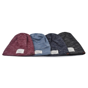 Four versatile knit beanies in burgundy, light blue, navy, and dark grey with Rock labels