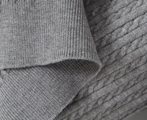 Macro shot of grey cable knit cardigan detailing high-quality wool texture and ribbed cuffs