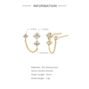 Detail view of 925 sterling silver chain stud earrings with AAAAA cubic zirconia stones