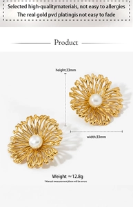 Detailed view of gold daisy flower earrings with pearl inlay and size dimensions
