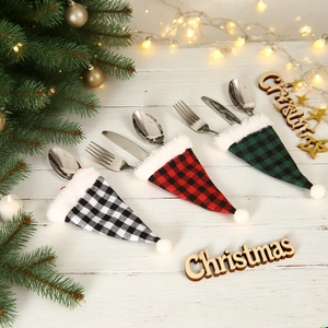 Christmas buffalo plaid cutlery holders with plush trim for holiday table decor