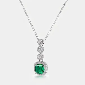 Vintage Pendant Necklace 925 Sterling Silver Lab-Created Emerald Ruby Sapphire Gemstone Halo Square Zirconia Women