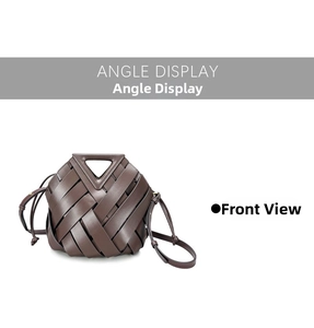 Detailed front view of woven leather tote bag with iconic triangle cutout handle design