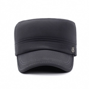 Winter thermal earflap hat for men in dark grey striped fabric with metal R logo
