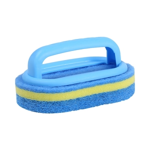 Kitchen scouring cleaning brush with ergonomic blue handle and sponge layer