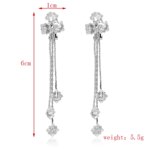 Detail view of silver long tassel earrings with dimensions 6cm and square zircon