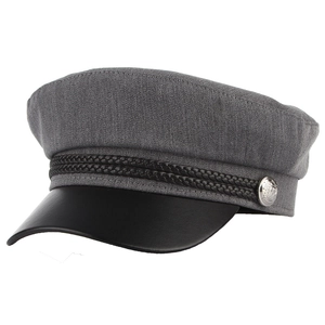 Detail of grey fiddler cap with black faux leather visor and silver metallic button