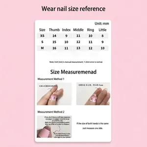 Size chart for press-on nails in XS, S, and M with millimeter measurements and guide