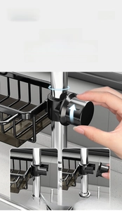 Macro detail of black rotatable kitchen faucet shelf showing 360-degree adjustable installation