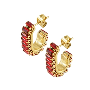 18K gold plated U-shaped hoop earrings with rectangular red zircon stones for women