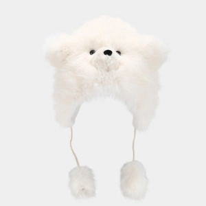 Cute polar bear faux fur trapper hat for women with plush earflaps and soft pom-poms