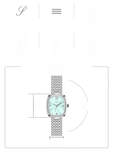 Detailed specs of square steel watch showing dimensions, 3ATM water resistance and glass type