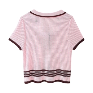 Pink knit short-sleeve cardigan with brown contrast trim on white background