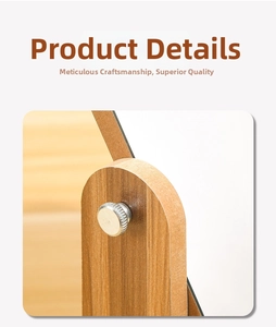 Macro detail of wooden makeup mirror joint featuring a round metal adjustable screw