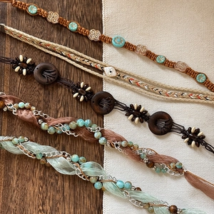 Bohemian handmade braided belt and hair accessory set with natural stones and metal beads